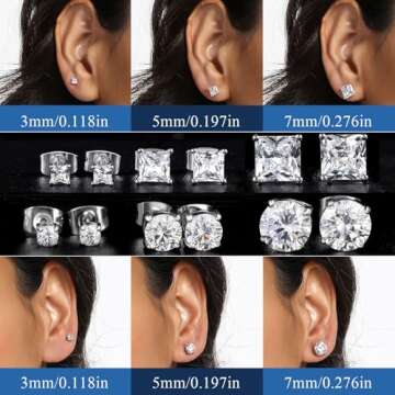 18K White Gold Plated CZ Stud Earrings Set Princess/Round Cubic Zirconia Hypoallergenic Jewelry for Women Men 6 Pairs (white gold plated)