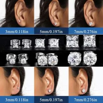 18K White Gold Plated CZ Stud Earrings Set Princess/Round Cubic Zirconia Hypoallergenic Jewelry for Women Men 6 Pairs (white gold plated)