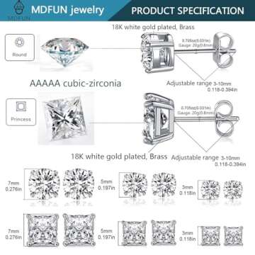 18K White Gold Plated CZ Stud Earrings Set Princess/Round Cubic Zirconia Hypoallergenic Jewelry for Women Men 6 Pairs (white gold plated)