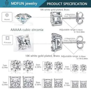 18K White Gold Plated CZ Stud Earrings Set Princess/Round Cubic Zirconia Hypoallergenic Jewelry for Women Men 6 Pairs (white gold plated)