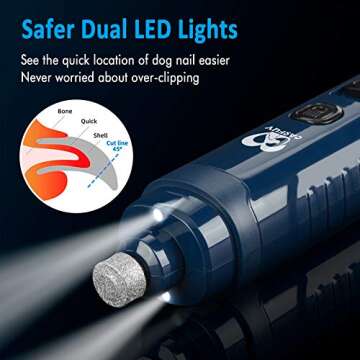 Casfuy Dog Nail Grinder with 2 LED Light - 4.8V Super Powerful 2-Speed Electric Pet Nail Trimmer for Medium Large Dogs Quiet Rechargeable Painless Paws Grooming & Smoothing Tool (Dark Blue)