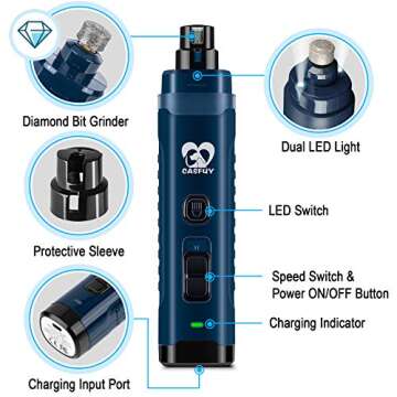 Casfuy Dog Nail Grinder with 2 LED Light - 4.8V Super Powerful 2-Speed Electric Pet Nail Trimmer for Medium Large Dogs Quiet Rechargeable Painless Paws Grooming & Smoothing Tool (Dark Blue)