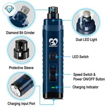 Casfuy Dog Nail Grinder with 2 LED Light - 4.8V Super Powerful 2-Speed Electric Pet Nail Trimmer for Medium Large Dogs Quiet Rechargeable Painless Paws Grooming & Smoothing Tool (Dark Blue)