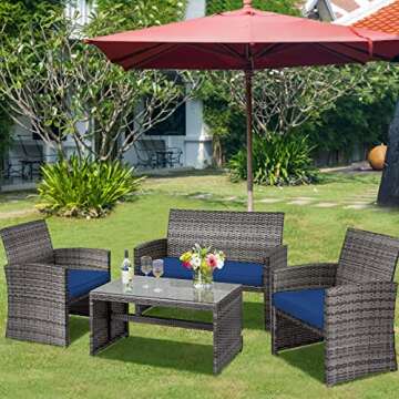 Tangkula 4 PCS Wicker Patio Conversation Set, Outdoor Rattan Sofas with Table Set, Patio Furniture Set with Soft Cushions & Tempered Glass Coffee Table for Poolside Balcony
