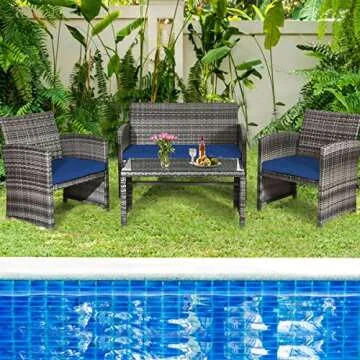 Tangkula 4 PCS Wicker Patio Conversation Set, Outdoor Rattan Sofas with Table Set, Patio Furniture Set with Soft Cushions & Tempered Glass Coffee Table for Poolside Balcony