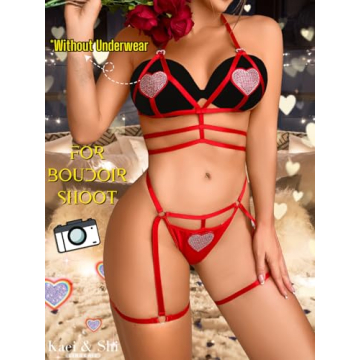 Kaei&Shi Rhinestone Heart Lingerie Set for Women