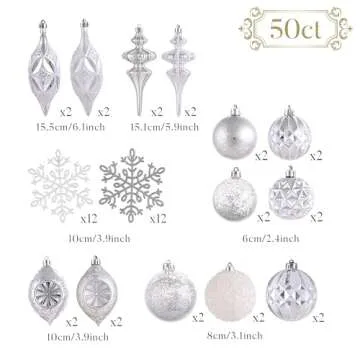 Valery Madelyn Christmas Ball Ornaments for Valentines Day, 50ct White and Silver Shatterproof Christmas Tree Decorations Set, Elegant Hanging Ornaments for Xmas Trees Bulk Holiday Wedding Decor