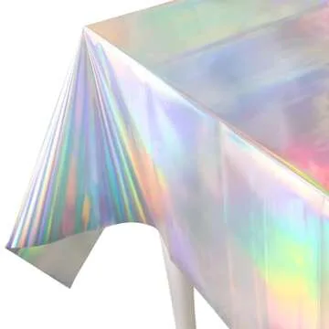 Cheerland 2 Pack Holographic Tablecloth Foil Table Cover Iridescent Party Decorations Euphoria Disco Theme Birthday Party Decorations Wedding Baby Shower Mermaid Party Supply Dance Party Decor