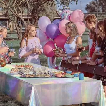 Cheerland 2 Pack Holographic Tablecloth Foil Table Cover Iridescent Party Decorations Euphoria Disco Theme Birthday Party Decorations Wedding Baby Shower Mermaid Party Supply Dance Party Decor