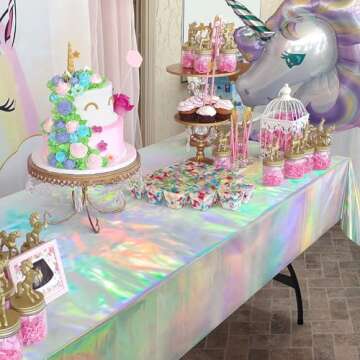 Cheerland 2 Pack Holographic Tablecloth Foil Table Cover Iridescent Party Decorations Euphoria Disco Theme Birthday Party Decorations Wedding Baby Shower Mermaid Party Supply Dance Party Decor