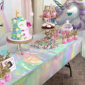 Cheerland 2 Pack Holographic Tablecloth Foil Table Cover Iridescent Party Decorations Euphoria Disco Theme Birthday Party Decorations Wedding Baby Shower Mermaid Party Supply Dance Party Decor