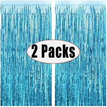 2pcs 3ft x 8.3ft Light Blue Metallic Tinsel Foil Fringe Curtains Photo Booth Props for Birthday Wedd...