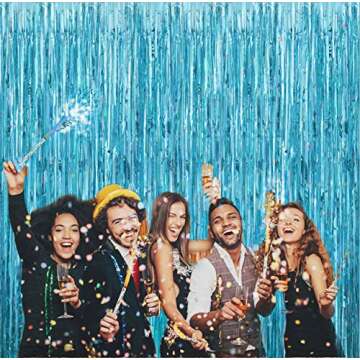 2pcs 3ft x 8.3ft Light Blue Metallic Tinsel Foil Fringe Curtains Photo Booth Props for Birthday Wedding Engagement Bridal Shower Baby Shower Bachelorette Holiday Celebration Party Decorations