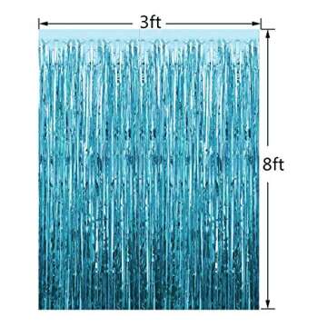 2pcs 3ft x 8.3ft Light Blue Metallic Tinsel Foil Fringe Curtains Photo Booth Props for Birthday Wedding Engagement Bridal Shower Baby Shower Bachelorette Holiday Celebration Party Decorations
