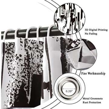 GCIREC Black and White Shower Curtain, Abstract Art with Brushstrokes Chaos Image Print Bathroom Curtain for Men Contemporary Bathtub Decor Waterproof Fabric Machine Washable with 12 Hooks