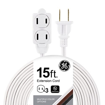 GE 3-Outlet Power Strip, 15 ft Extension Cord, 2 Prong, Twist-to-Close Safety Outlet Covers, Indoor ...