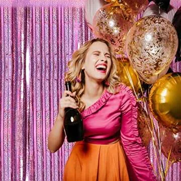 2 Pack 3.2ft x 8.2ft Pink Metallic Tinsel Foil Fringe Curtains Backdrop for Pink Party Birthday Wedd...