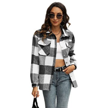 UANEO Womens Plaid Shacket Button Down Wool Blend Fall Flannel Shirt Jacket (BlackandWhite-S)