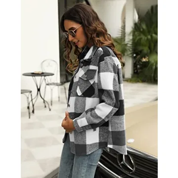 UANEO Womens Plaid Shacket Button Down Wool Blend Fall Flannel Shirt Jacket (BlackandWhite-S)