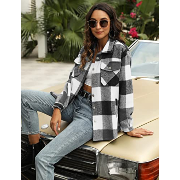 UANEO Womens Plaid Shacket Button Down Wool Blend Fall Flannel Shirt Jacket (BlackandWhite-S)