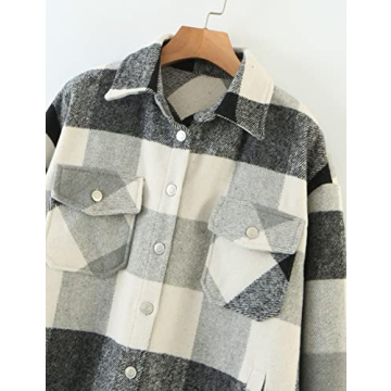UANEO Womens Plaid Shacket Button Down Wool Blend Fall Flannel Shirt Jacket (BlackandWhite-S)