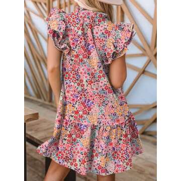 Dokotoo Floral Dress for Women Spring Summer 2024 Trendy Ruffle Cap Short Sleeve V-Neck Pockets Lightweight Tunic Dress Boho Mini Short Dress Multicolor Small