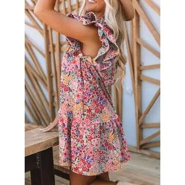 Dokotoo Floral Dress for Women Spring Summer 2024 Trendy Ruffle Cap Short Sleeve V-Neck Pockets Lightweight Tunic Dress Boho Mini Short Dress Multicolor Small