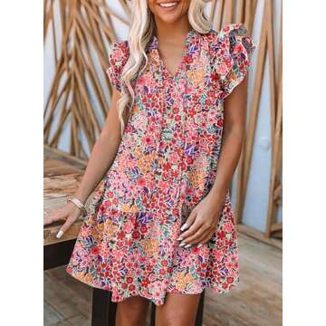Dokotoo Floral Dress for Women Spring Summer 2024 Trendy Ruffle Cap Short Sleeve V-Neck Pockets Lightweight Tunic Dress Boho Mini Short Dress Multicolor Small