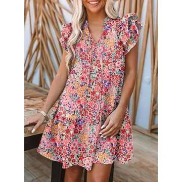 Dokotoo Floral Dress for Women Spring Summer 2024 Trendy Ruffle Cap Short Sleeve V-Neck Pockets Lightweight Tunic Dress Boho Mini Short Dress Multicolor Small