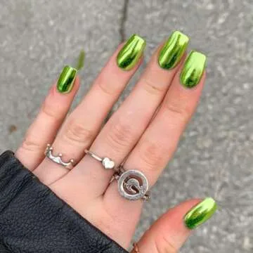 KQueenest Chrome Light Green Press on Nails Short Medium Square, Metallic Fake Nails Short, Mirror Metallic False Acrylic Nails Press Ons, Spring Glitter Glue on Nails Medium Length in 24 Pcs