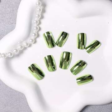 KQueenest Chrome Light Green Press on Nails Short Medium Square, Metallic Fake Nails Short, Mirror Metallic False Acrylic Nails Press Ons, Spring Glitter Glue on Nails Medium Length in 24 Pcs