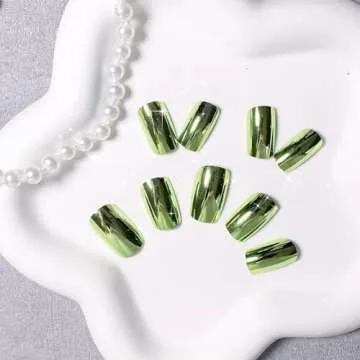 KQueenest Chrome Light Green Press on Nails Short Medium Square, Metallic Fake Nails Short, Mirror Metallic False Acrylic Nails Press Ons, Spring Glitter Glue on Nails Medium Length in 24 Pcs
