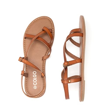 Colgo Women's Summer Strappy Flat Sandals, Adjustable Casual Fisherman Sandal with Open Toe Slingback Gladiator Sandals (8,New Brown)