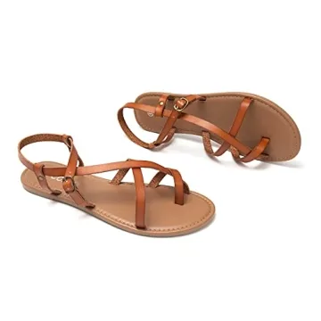 Colgo Women's Summer Strappy Flat Sandals, Adjustable Casual Fisherman Sandal with Open Toe Slingback Gladiator Sandals (8,New Brown)