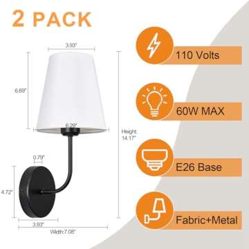 Decor Modern Hardwired Wall Sconces set of two 2 pack Industrial Matte Black Metal Sconces Wall Lighting with White Fabric Lampshade for Farmhouse,Bedroom,Bedside,Living room,and Fireplace decoration