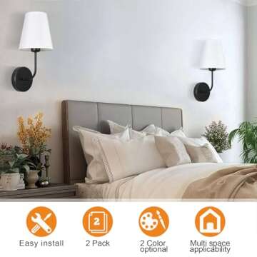 Decor Modern Hardwired Wall Sconces set of two 2 pack Industrial Matte Black Metal Sconces Wall Lighting with White Fabric Lampshade for Farmhouse,Bedroom,Bedside,Living room,and Fireplace decoration
