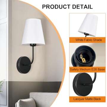 Decor Modern Hardwired Wall Sconces set of two 2 pack Industrial Matte Black Metal Sconces Wall Lighting with White Fabric Lampshade for Farmhouse,Bedroom,Bedside,Living room,and Fireplace decoration