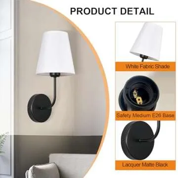 Decor Modern Hardwired Wall Sconces set of two 2 pack Industrial Matte Black Metal Sconces Wall Lighting with White Fabric Lampshade for Farmhouse,Bedroom,Bedside,Living room,and Fireplace decoration