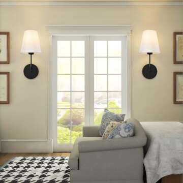 Decor Modern Hardwired Wall Sconces set of two 2 pack Industrial Matte Black Metal Sconces Wall Lighting with White Fabric Lampshade for Farmhouse,Bedroom,Bedside,Living room,and Fireplace decoration