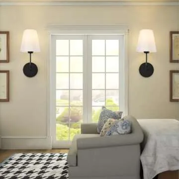 Decor Modern Hardwired Wall Sconces set of two 2 pack Industrial Matte Black Metal Sconces Wall Lighting with White Fabric Lampshade for Farmhouse,Bedroom,Bedside,Living room,and Fireplace decoration