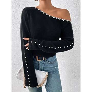 Milumia Women's Pearls Beaded One Shoulder Knit Top Long Sleeve Asymmetrical Pullover Sweater Black Medium