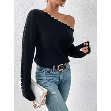 Milumia Women's Pearls Beaded One Shoulder Knit Top Long Sleeve Asymmetrical Pullover Sweater Black Medium