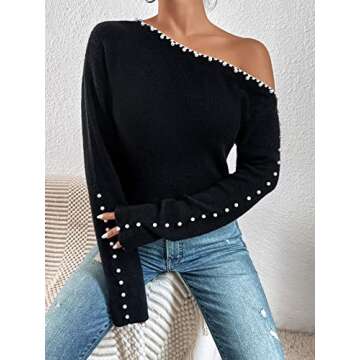 Milumia Women's Pearls Beaded One Shoulder Knit Top Long Sleeve Asymmetrical Pullover Sweater Black Medium