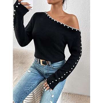 Milumia Women's Pearls Beaded One Shoulder Knit Top Long Sleeve Asymmetrical Pullover Sweater Black Medium