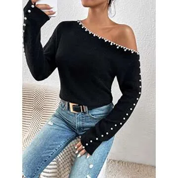 Milumia Women's Pearls Beaded One Shoulder Knit Top Long Sleeve Asymmetrical Pullover Sweater Black Medium