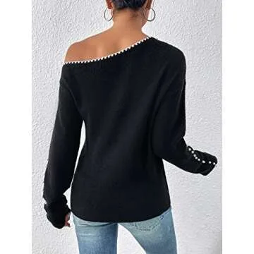 Milumia Women's Pearls Beaded One Shoulder Knit Top Long Sleeve Asymmetrical Pullover Sweater Black Medium