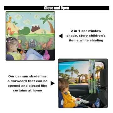 Car Window Shade for Baby, Blackout Car Window Curtain with Storage Pockets & 7 Suction Cups, Cartoon Pattern Car Side Window Sun Shade Cover for Sun/Heat/UV Rays Protection (Green-Dinosaurs)