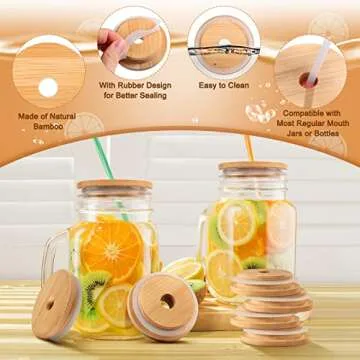 8pcs Mason Jar Lids with Sealing Ring, Reusable Bamboo Mason Jar Lids, Mason Jar Tumbler Lids Tops, for Wide Mouth Mason Jars Canning Jars, 70mm