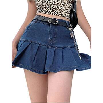 Dqbeng Women's A-Line Denim Mini Skirt Y2K Ruffle Flared Pleated Skirts with Shorts (Blue-S)