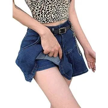 Dqbeng Women's A-Line Denim Mini Skirt Y2K Ruffle Flared Pleated Skirts with Shorts (Blue-S)